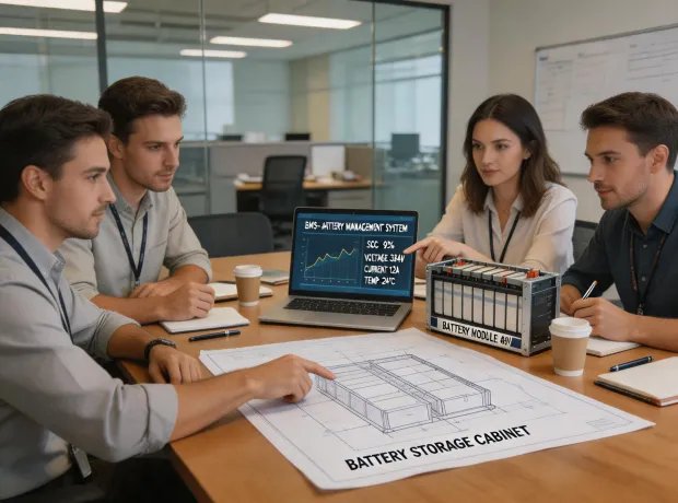 Battery engineering team reviewing storage design